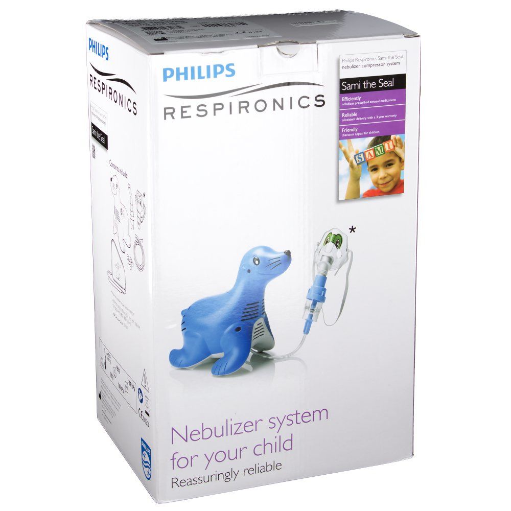 Philips Sami the Seal vernevelaar. Blauw zeehond-ontwerp. Inhalatieapparaat met masker en slang. Verpakking met productnaam en logo.