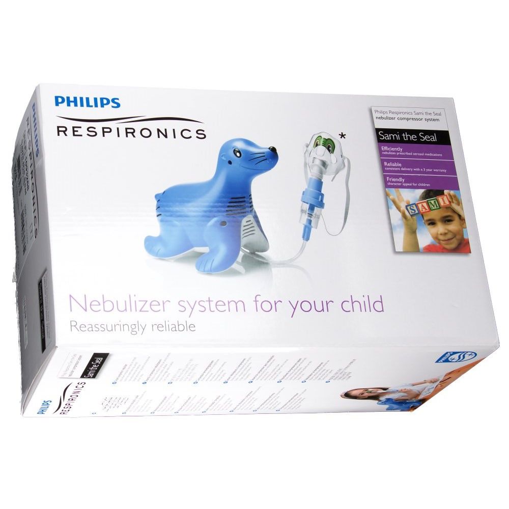 Philips Sami the Seal vernevelaar in verpakking. Blauw zeehond-ontwerp. Inhalatieapparaat met masker en slang. Productnaam en logo.