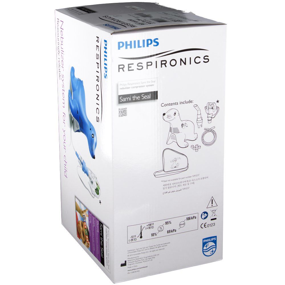 Verpakking van de Philips Sami the Seal vernevelaar. Illustratie van het apparaat en accessoires. Meertalige tekst. CE-markering.
