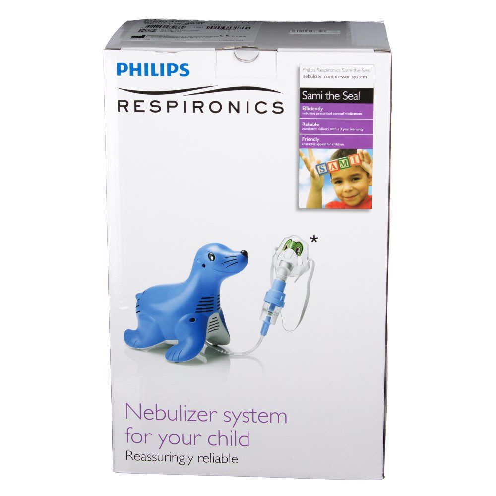 Philips Sami the Seal vernevelaar. Blauw zeehond-ontwerp. Inhalatieapparaat met masker en slang. Productnaam en logo op de verpakking.