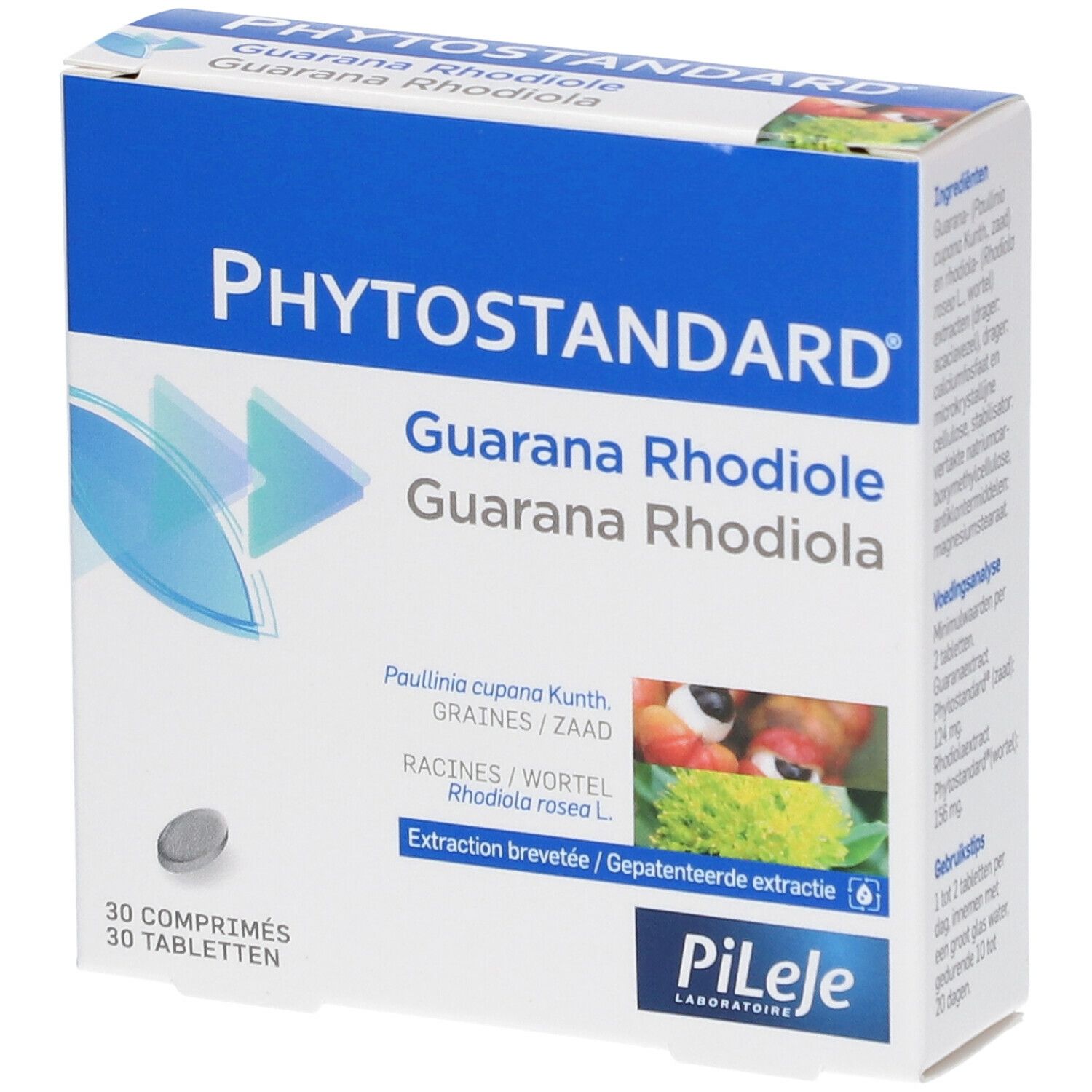 Doos "Phytostandard Guarana Rhodiola". 30 tabletten. Blauw-witte verpakking met productafbeeldingen.
