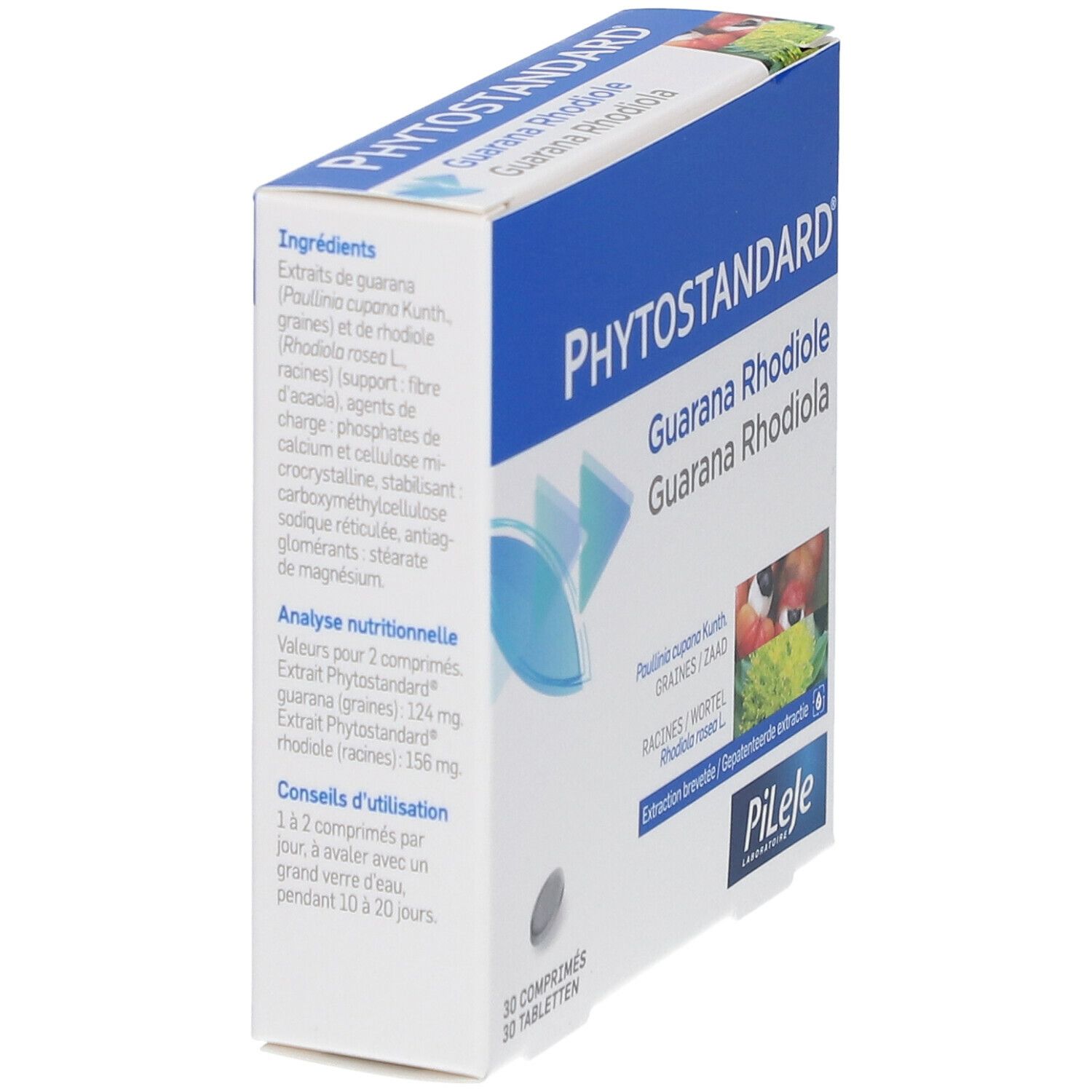 Doos "Phytostandard Guarana Rhodiola". Bevat ingrediënten en gebruikstips. Blauw-witte verpakking.