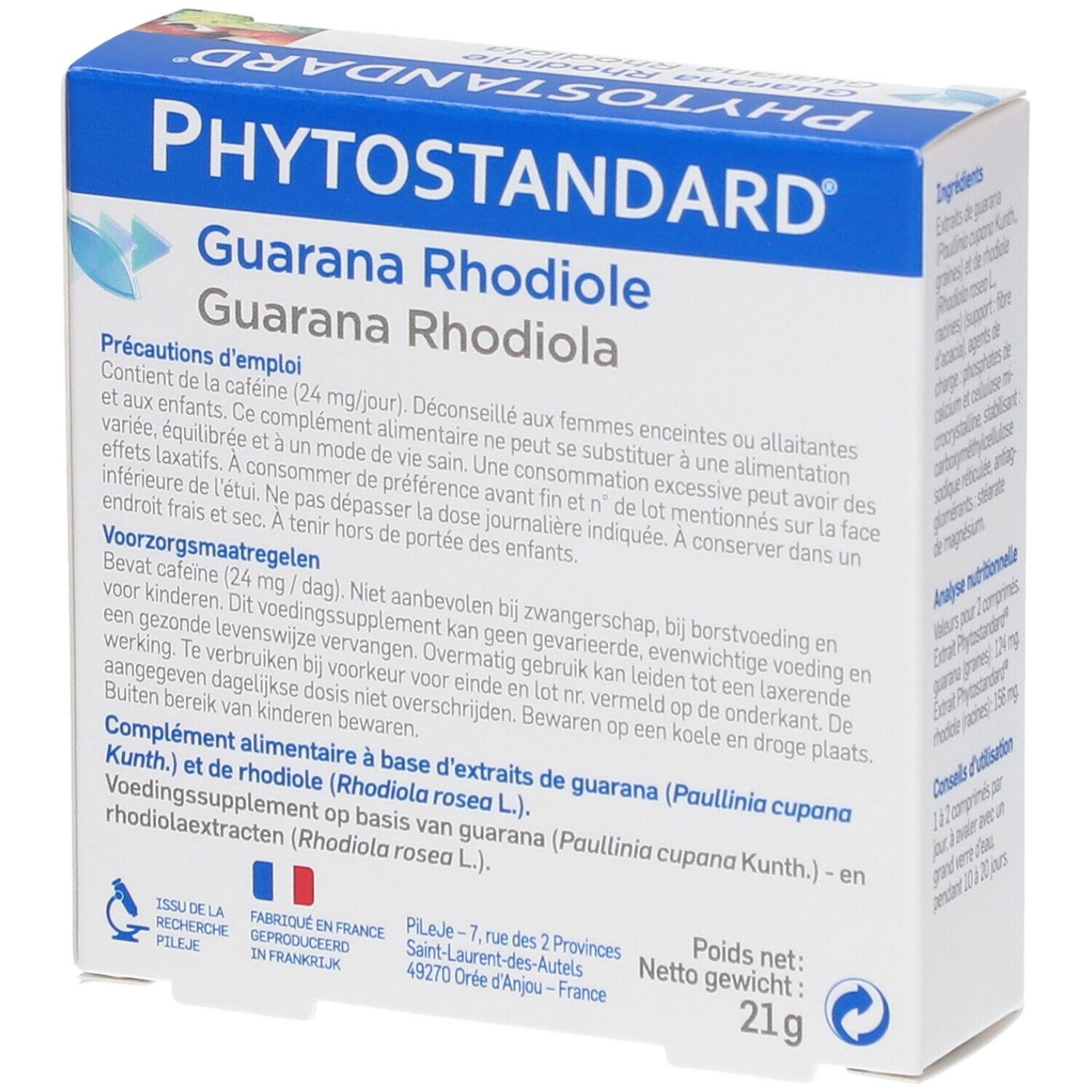 Verpakking "Phytostandard Guarana Rhodiola". Bevat voorzorgsmaatregelen en ingrediënten. Nettogewicht: 21g.
