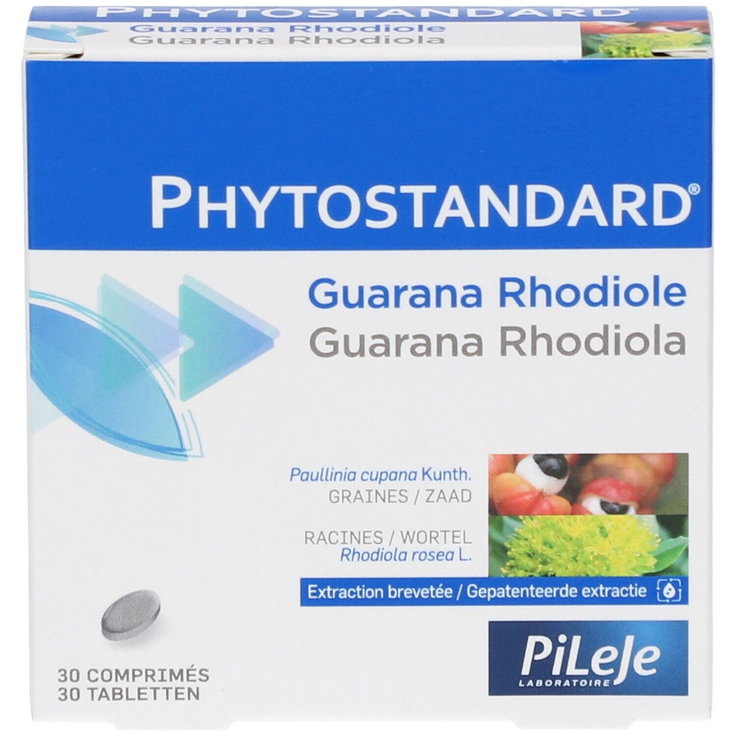 Doos "Phytostandard Guarana Rhodiola". 30 tabletten. Blauw-witte verpakking met productafbeeldingen.