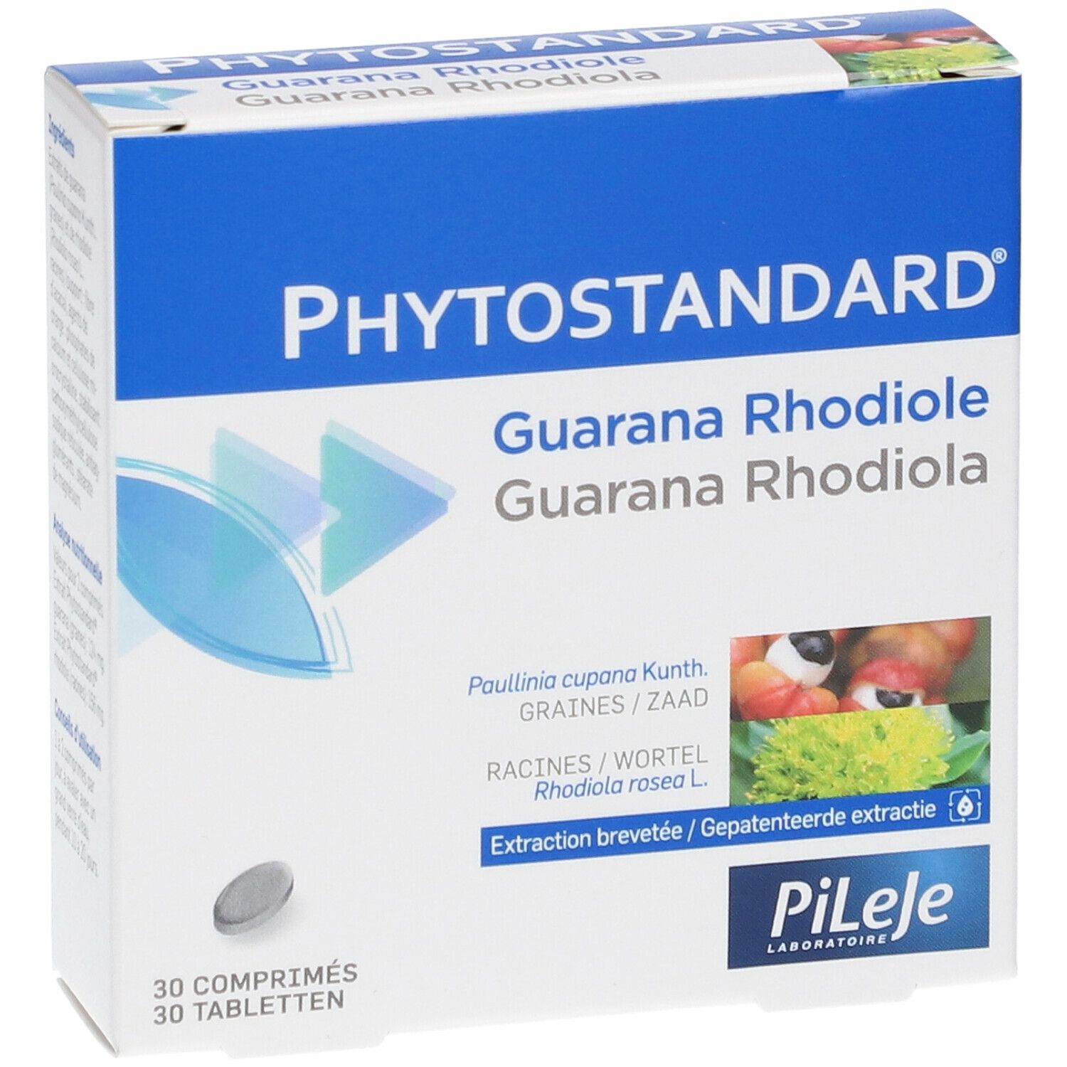 Doos "Phytostandard Guarana Rhodiola". 30 tabletten. Blauw-witte verpakking met productafbeeldingen.