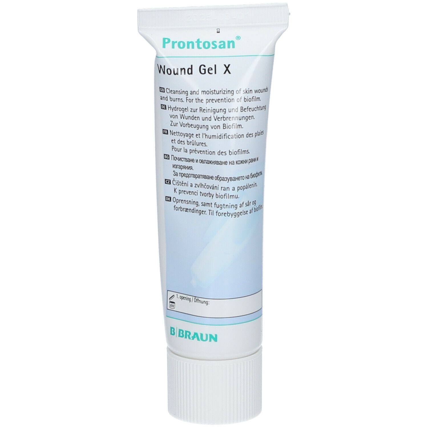 Tube de "Prontosan Wound Gel X". Texte: Nettoyage et humidification des plaies et brûlures. Marque B. Braun.