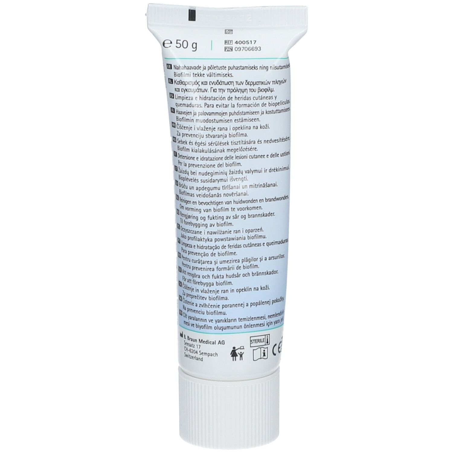 Dos du tube "Prontosan Wound Gel X". Texte multilingue. Marque B. Braun. Contenu : 50 g.