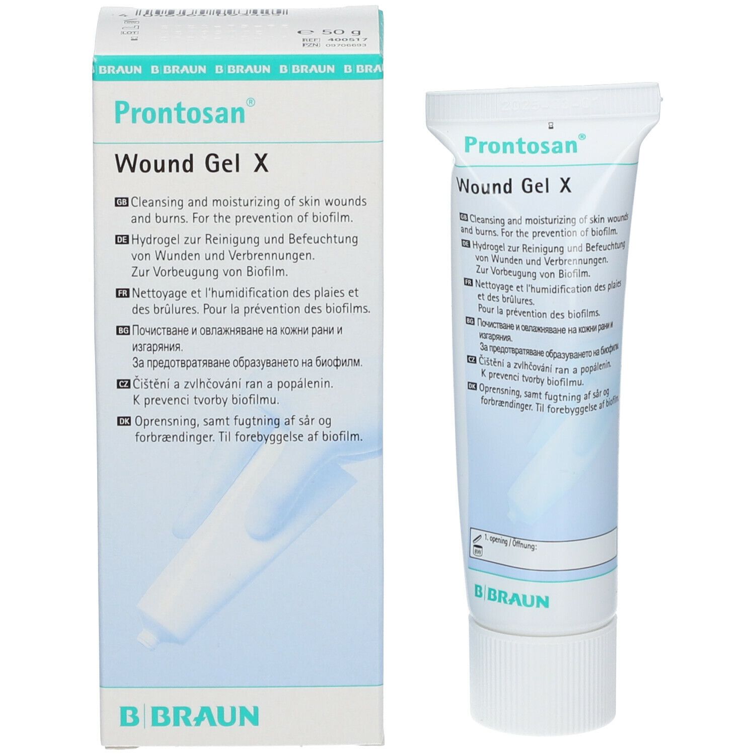 Emballage et tube "Prontosan Wound Gel X". Texte: Nettoyage et humidification des plaies. Marque B. Braun.