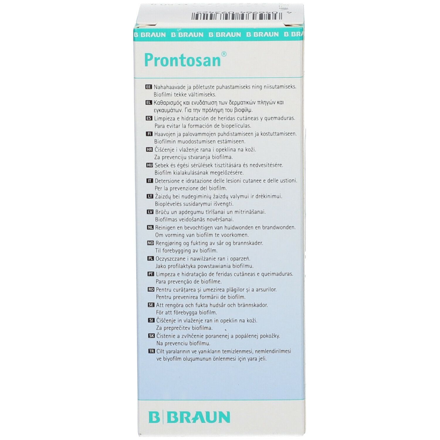 Dos de la boîte "Prontosan". Texte multilingue. Marque B. Braun. Marquage CE.