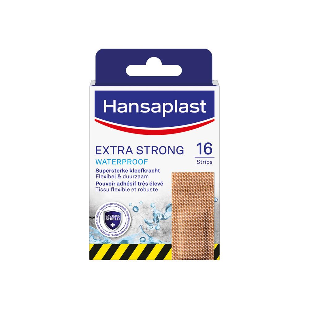 Boîte de pansements Hansaplast EXTRA STRONG Waterproof. 16 pièces. Emballage bleu et blanc avec informations.