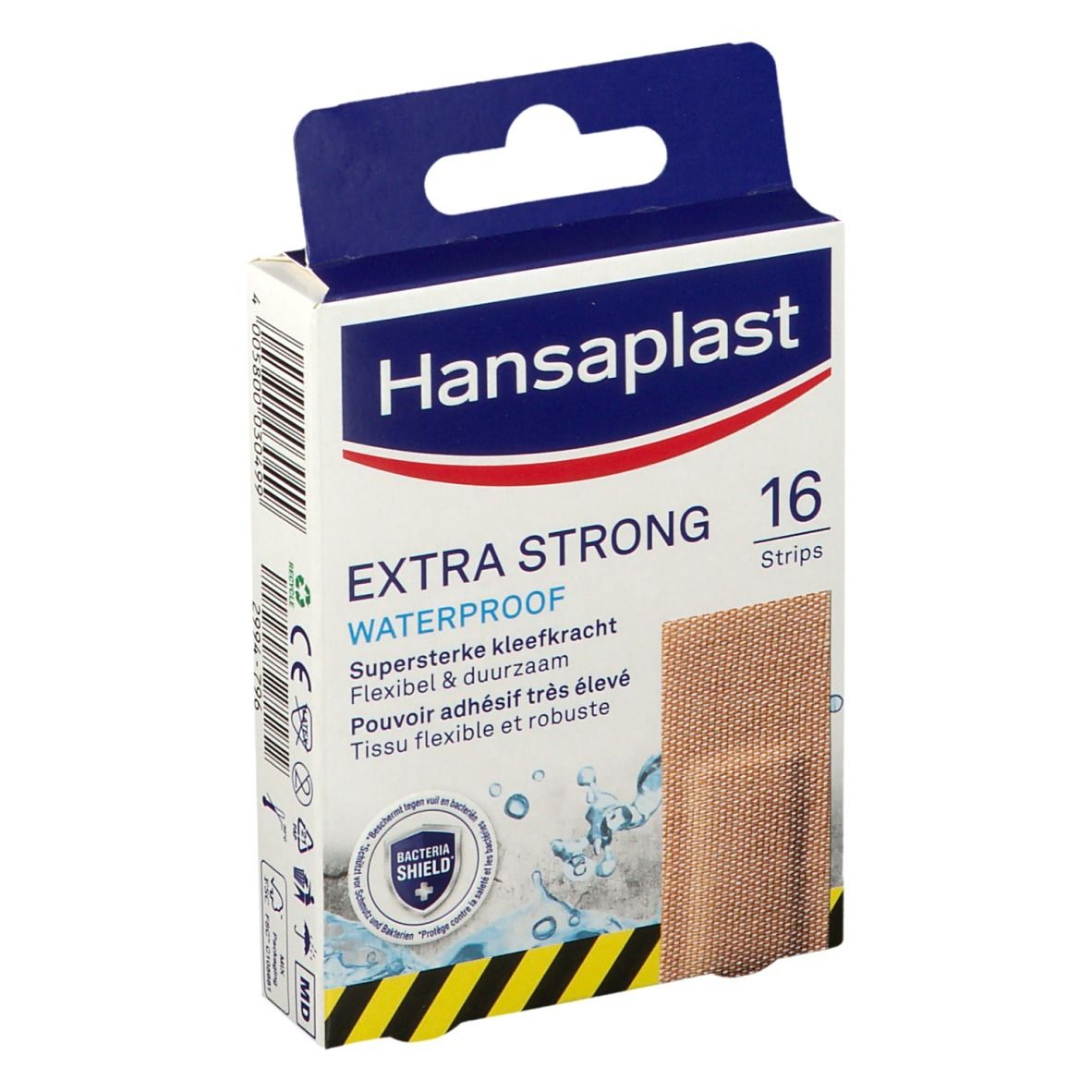 Boîte de pansements Hansaplast EXTRA STRONG Waterproof. 16 pansements. Emballage bleu et blanc avec informations.