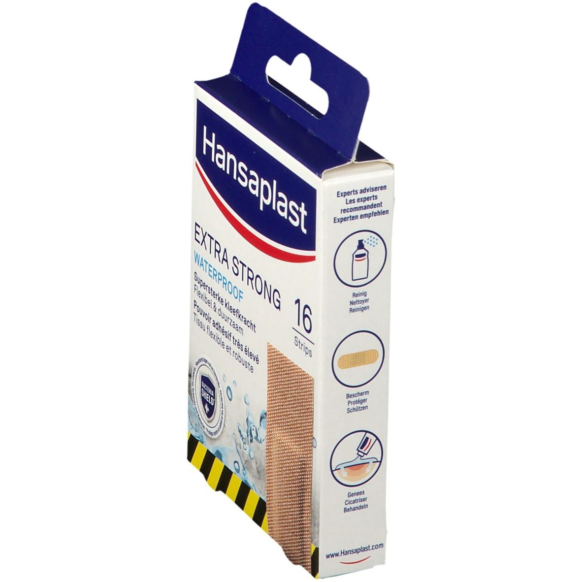 Boîte de pansements Hansaplast EXTRA STRONG Waterproof. 16 pièces. Emballage avec informations et illustrations.