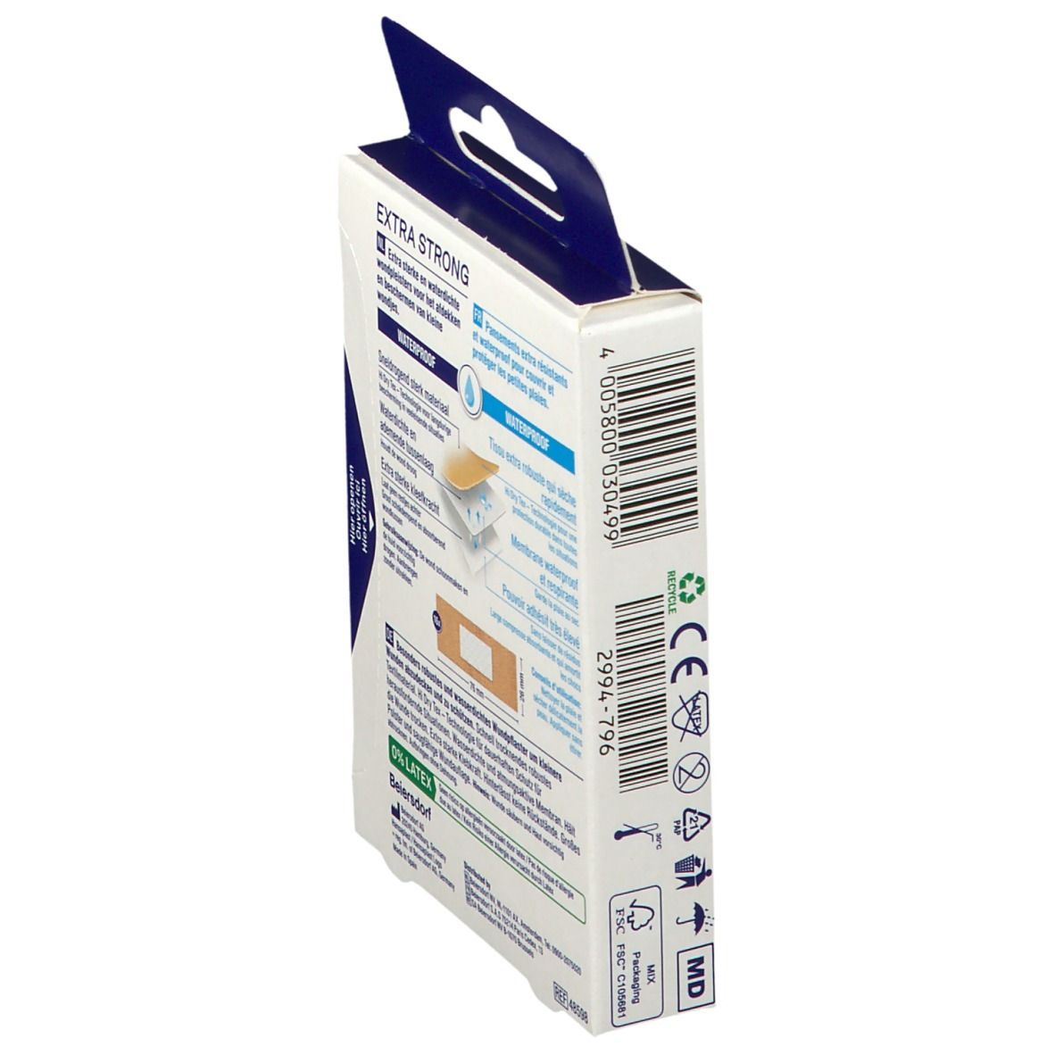 Dos de la boîte de pansements Hansaplast EXTRA STRONG Waterproof. Informations, code-barres et symboles de recyclage.