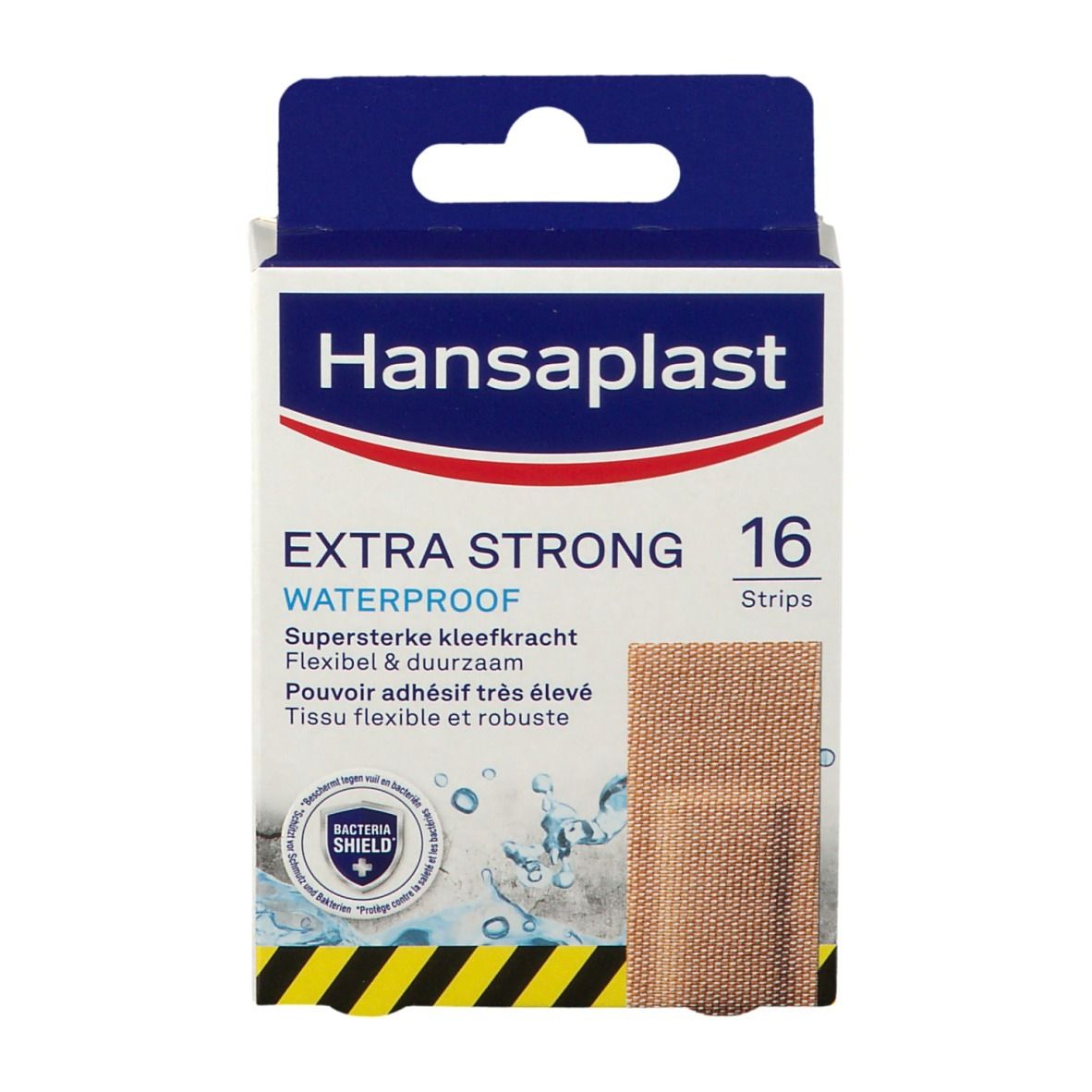 Boîte de pansements Hansaplast EXTRA STRONG Waterproof. 16 pièces. Emballage bleu et blanc avec informations.