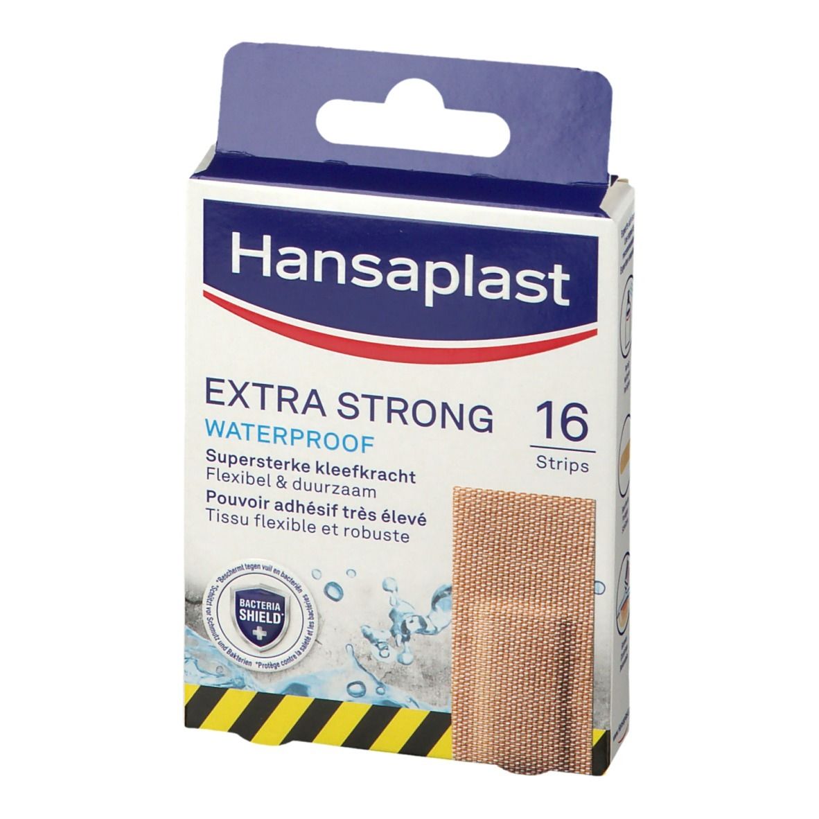 Boîte de pansements Hansaplast EXTRA STRONG Waterproof. 16 pièces. Emballage bleu et blanc avec informations.