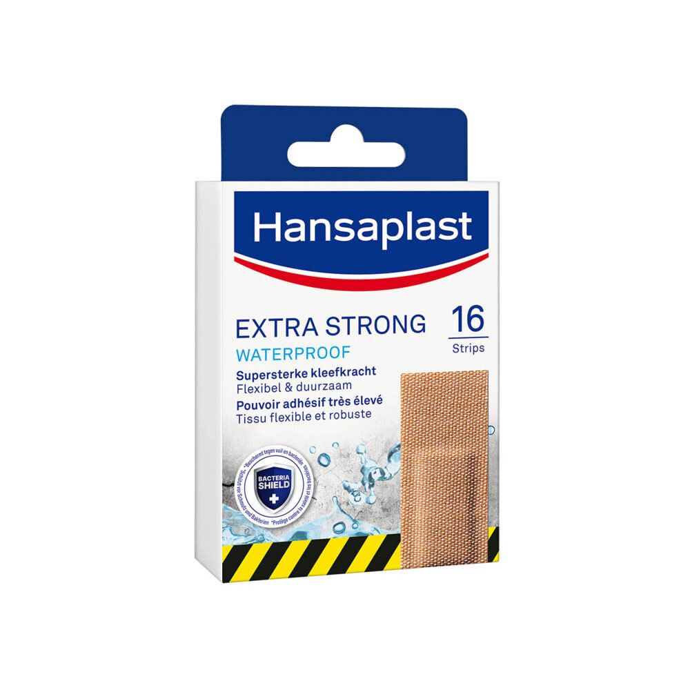 Boîte de pansements Hansaplast EXTRA STRONG Waterproof. 16 pièces. Emballage bleu et blanc avec informations.