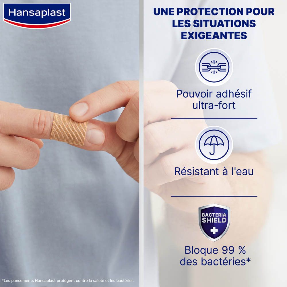 Illustration : doigt avec pansement Hansaplast. Texte : Adhérence ultra-forte, résistant à l'eau, 99% des bactéries bloquées.