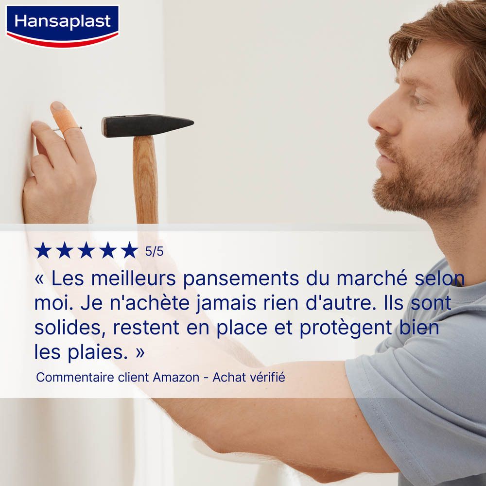 Évaluation : avis client 5/5 étoiles. Texte : Meilleurs pansements, solides, restent en place, protègent bien.
