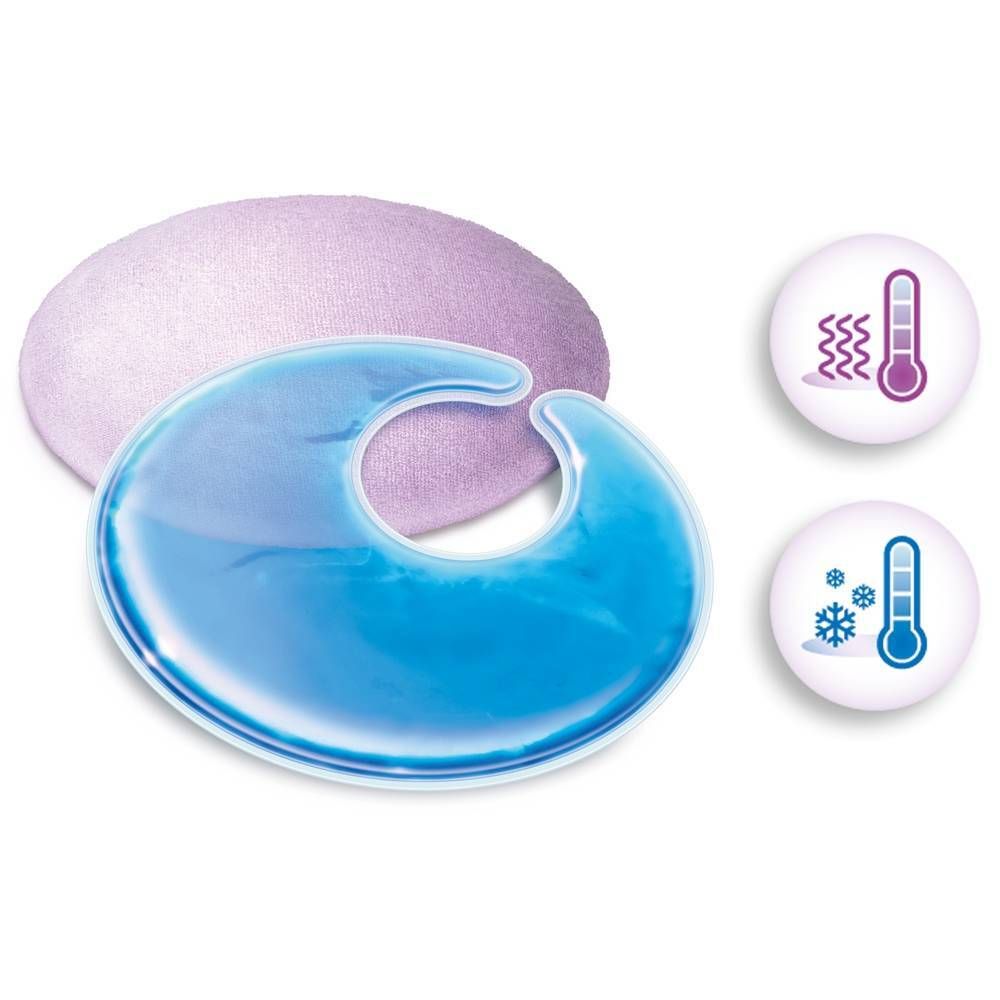 Blaues, ringförmiges Thermopad und lilafarbene Hülle. Symbole für Wärme- und Kälteanwendung.