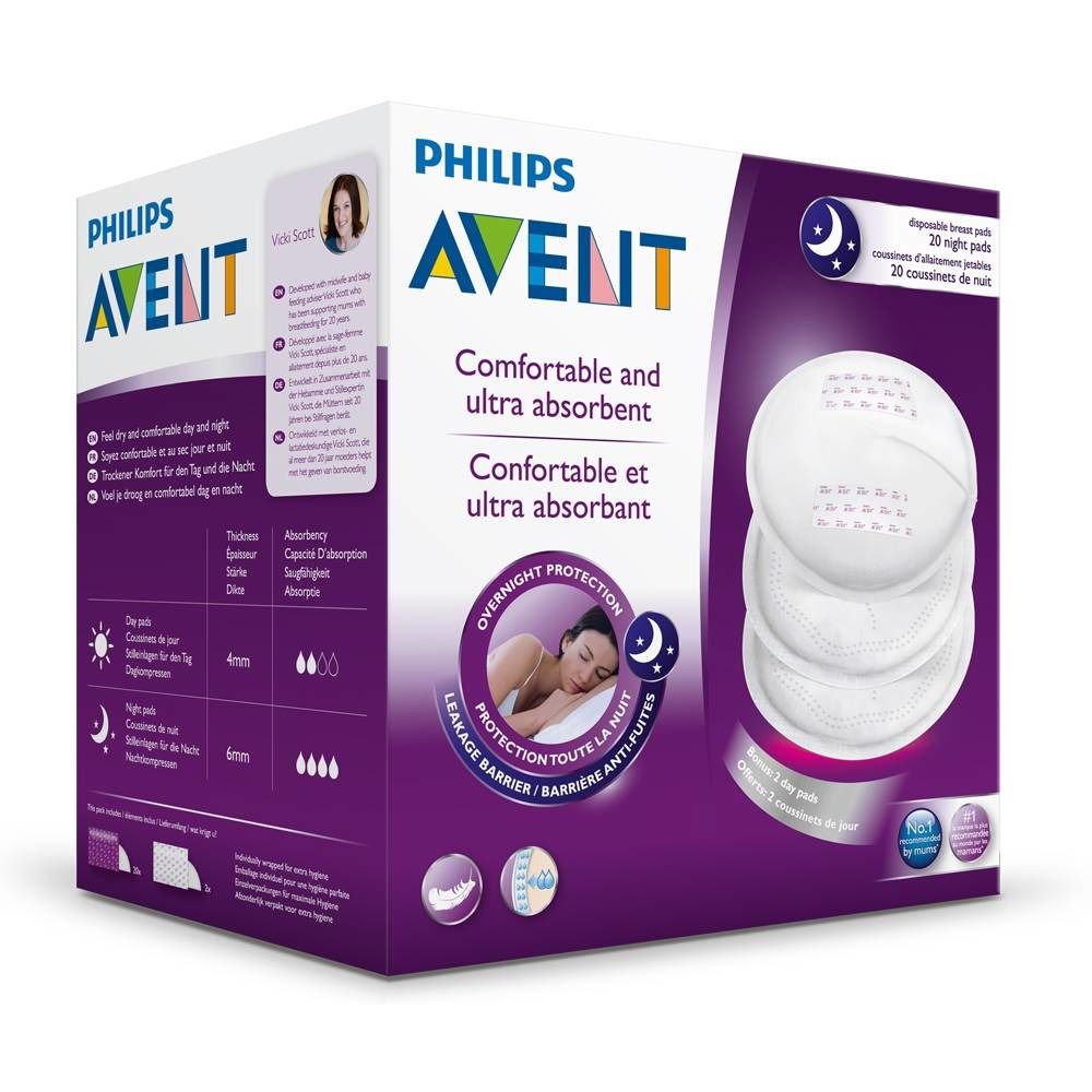 Boîte de coussinets d'allaitement Philips Avent. Confortables et ultra-absorbants. Protection nuit. 30 pièces.