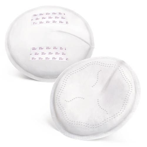 Deux coussinets d'allaitement blancs ronds. Surface perforée et bandes adhésives. Emballés individuellement.