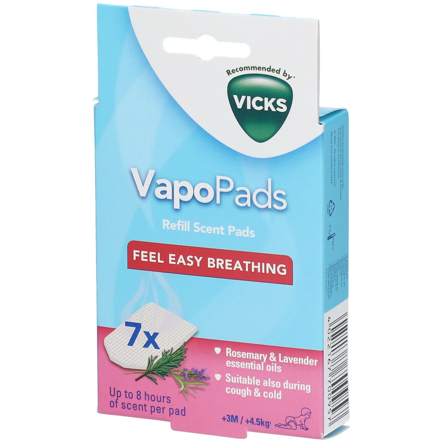 Emballage bleu et blanc Vicks VapoPads. Contient 7 pads. Inscription : Feel Easy Breathing, Romarin & Lavande, +3M/+4,5kg.
