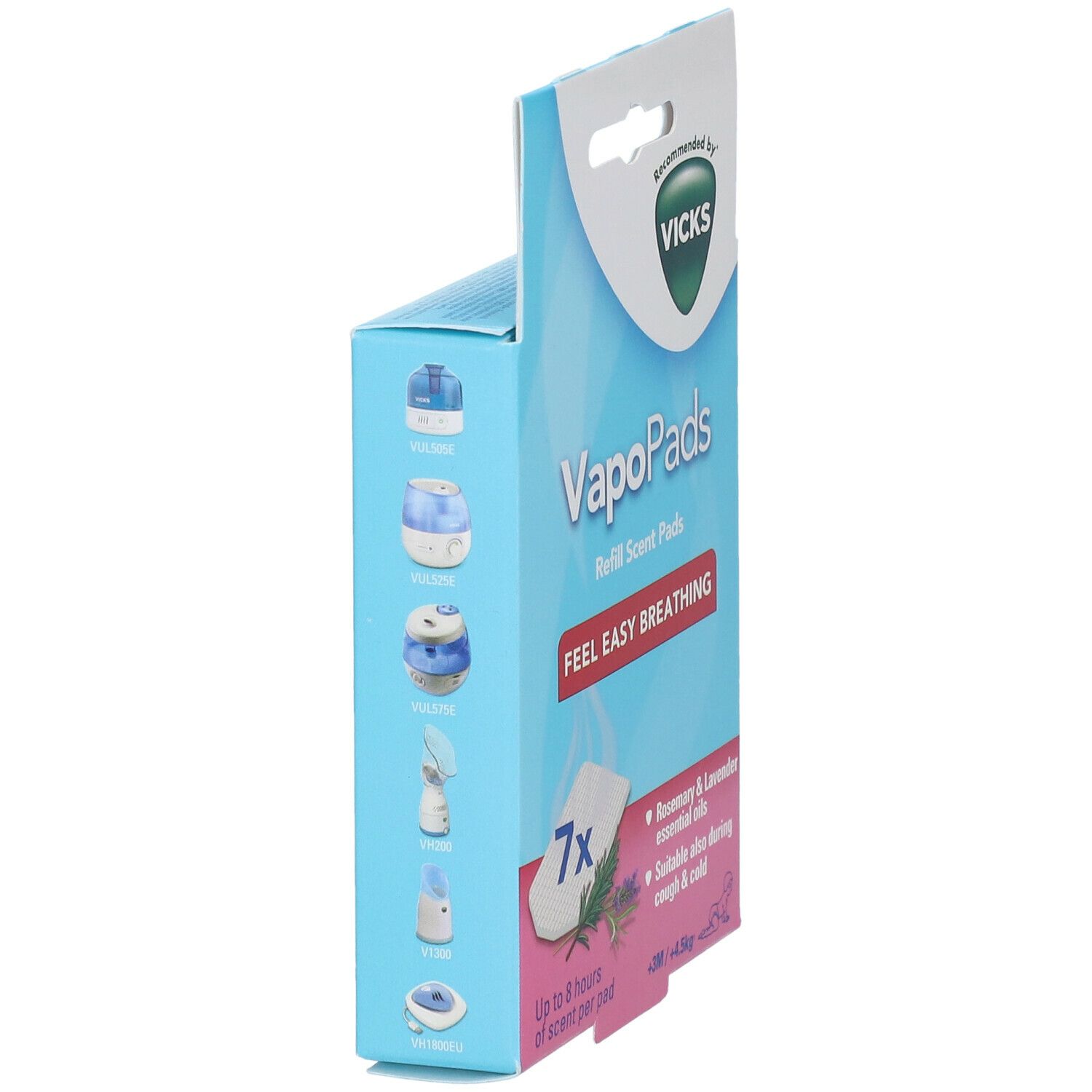 Emballage bleu Vicks VapoPads. Côté avec illustrations de produits. Contient 7 pads. Inscription : Feel Easy Breathing, Romarin & Lavande.
