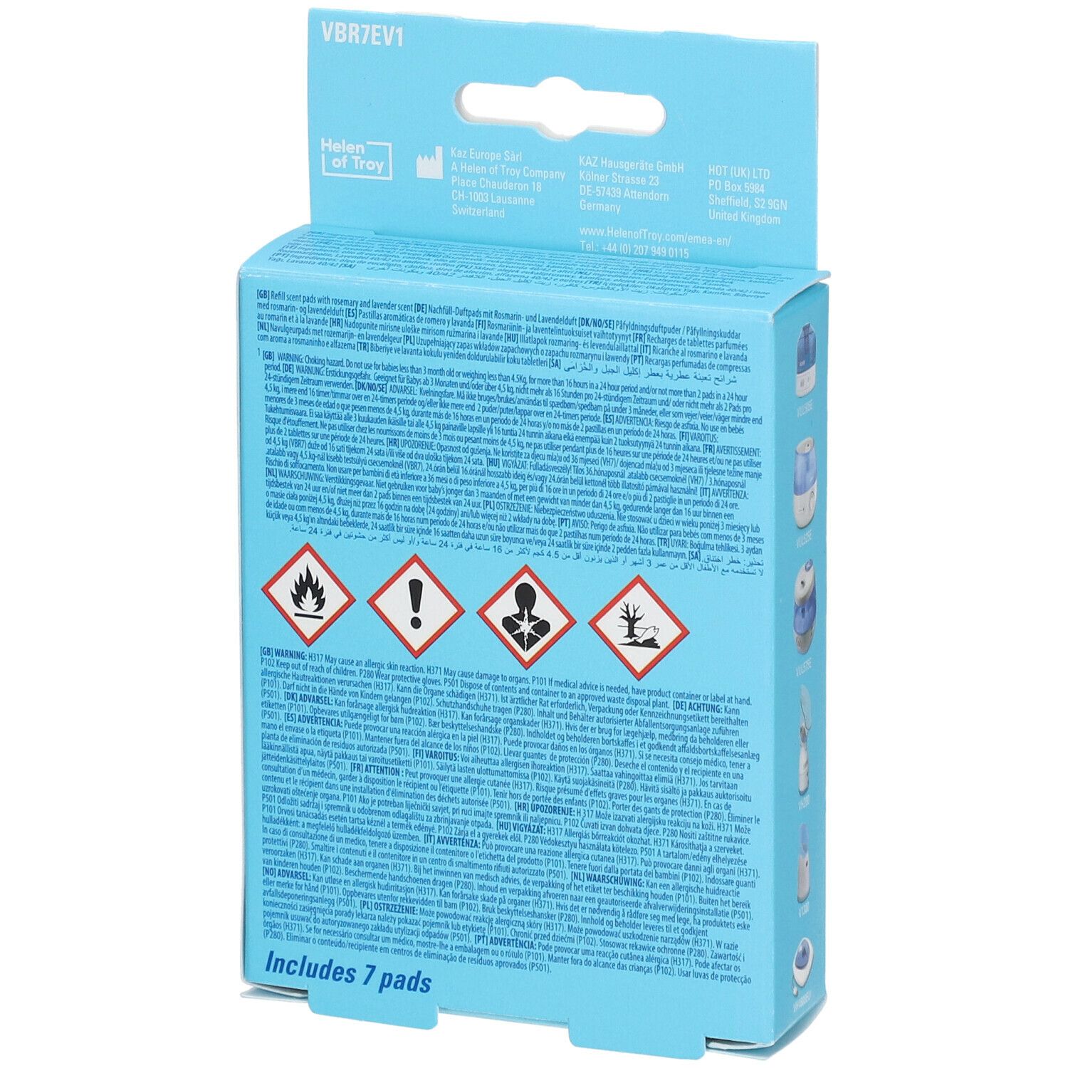 Dos de l'emballage bleu Vicks VapoPads. Contient des avertissements et du texte. Contient 7 pads. Symboles de danger.