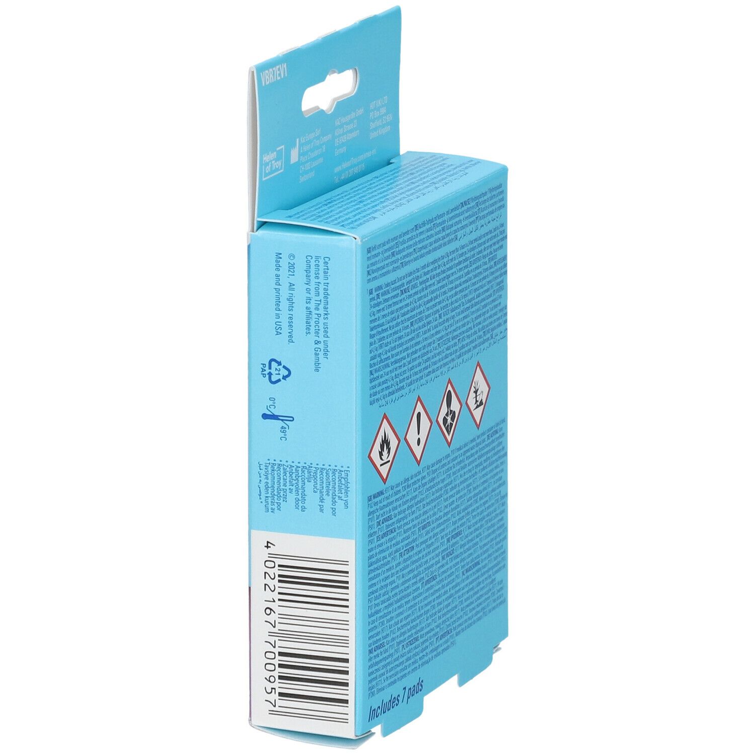 Emballage bleu Vicks VapoPads. Côté avec code-barres et avertissements. Contient 7 pads. Symboles de danger.