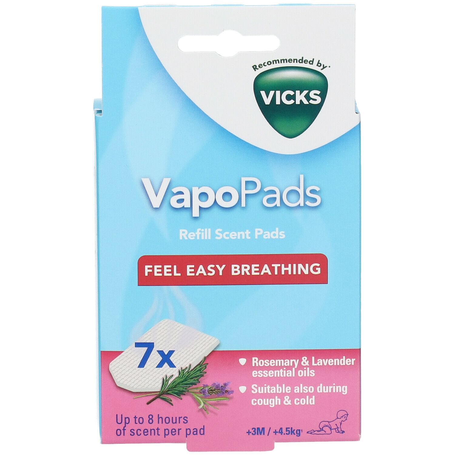 Emballage bleu Vicks VapoPads. Contient 7 pads. Inscription : Feel Easy Breathing, Romarin & Lavande, +3M/+4,5kg.