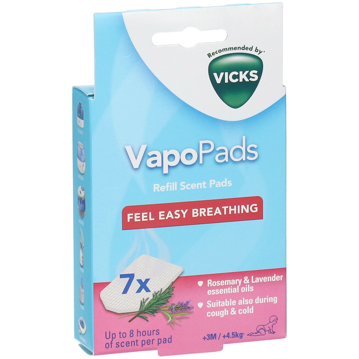Emballage bleu Vicks VapoPads. Contient 7 pads. Inscription : Feel Easy Breathing, Romarin & Lavande, +3M/+4,5kg.