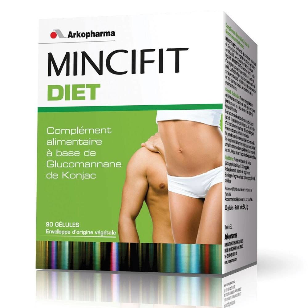 Boîte de Mincifit Diet. Contient 90 gélules. Inscription : Complément alimentaire à base de Glucomannane de Konjac.