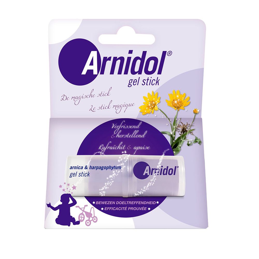 Face avant de l'emballage Arnidol Gel Stick. Nom et logo du produit visibles. Contient des illustrations et du texte.