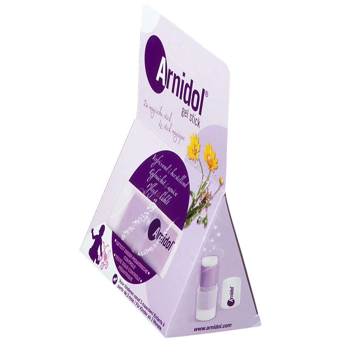 Emballage Arnidol Gel Stick. Violet et blanc. Nom et logo du produit visibles. Contient des illustrations et du texte.