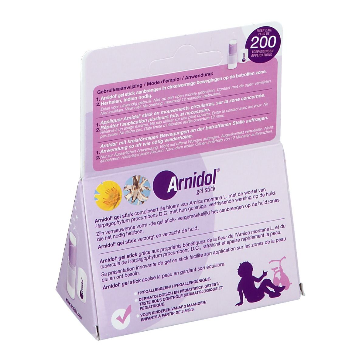 Dos de l'emballage Arnidol Gel Stick. Contient du texte multilingue, des illustrations et le logo.