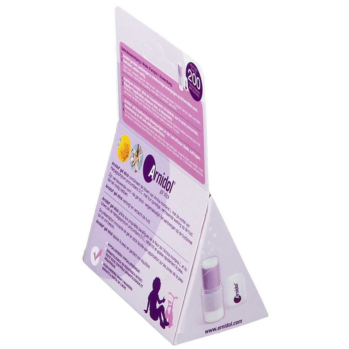 Vue latérale de l'emballage Arnidol Gel Stick. Contient du texte, des illustrations et le logo. Violet et blanc.