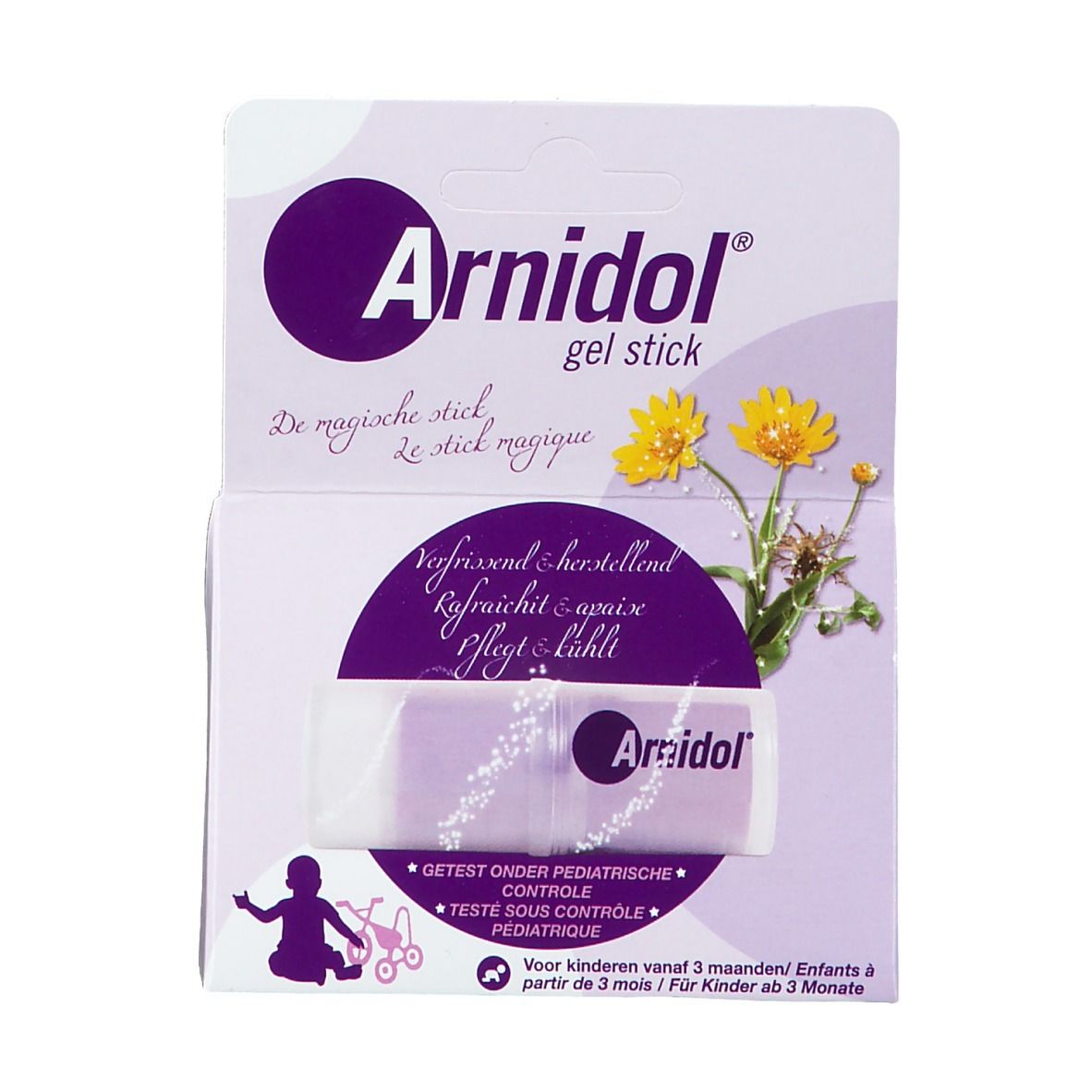 Face avant de l'emballage Arnidol Gel Stick. Nom et logo du produit visibles. Contient des illustrations et du texte.