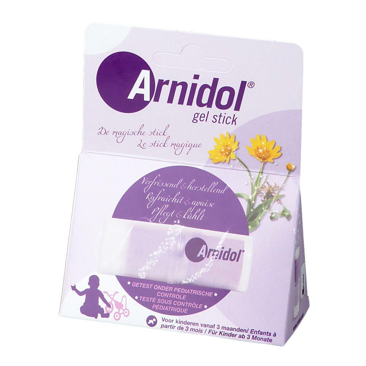 Face avant de l'emballage Arnidol Gel Stick. Nom et logo du produit visibles. Contient des illustrations et du texte.