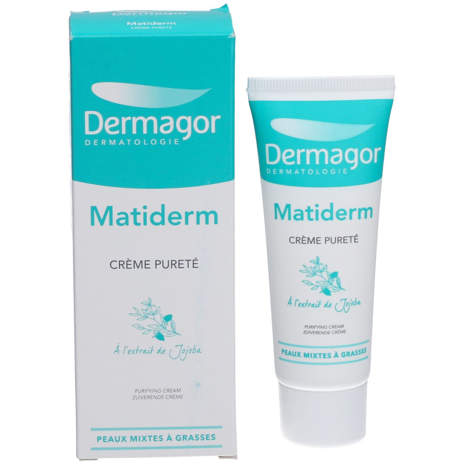 Emballage du produit avec tube de crème. Boîte et tube avec Dermagor Matiderm Crème Pureté. Extrait de Jojoba. Pour peaux mixtes à grasses.