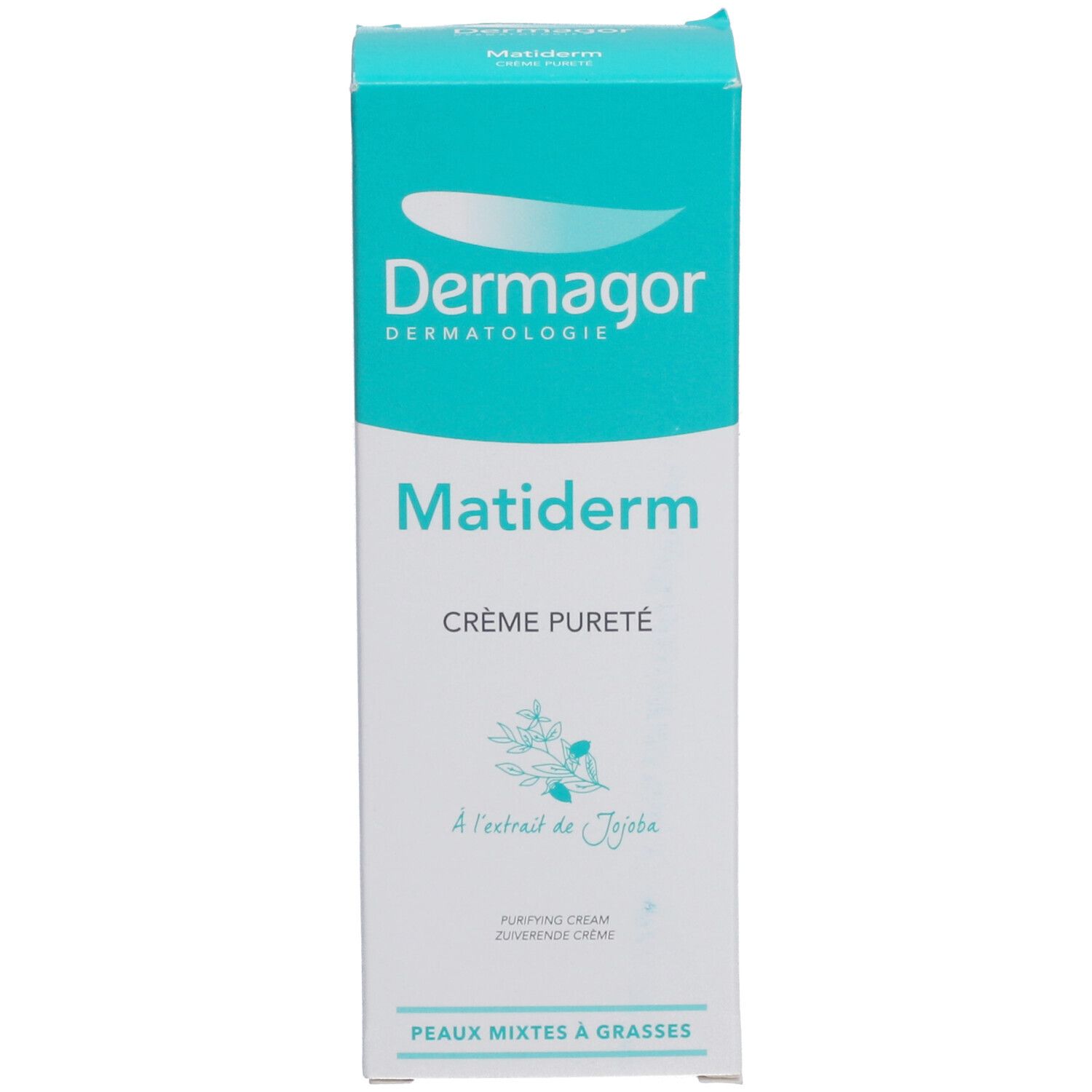 Emballage du produit Dermagor Matiderm Crème Pureté. Boîte avec nom du produit, extrait de Jojoba et indication pour peaux mixtes.