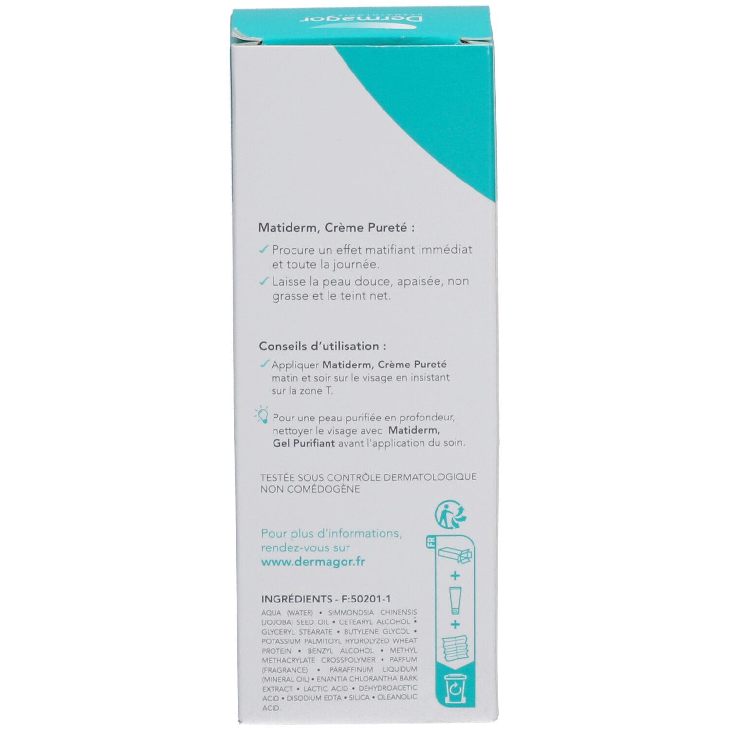 Côté de l'emballage du produit. Texte en français. Informations d'utilisation et ingrédients. Adresse du site web.