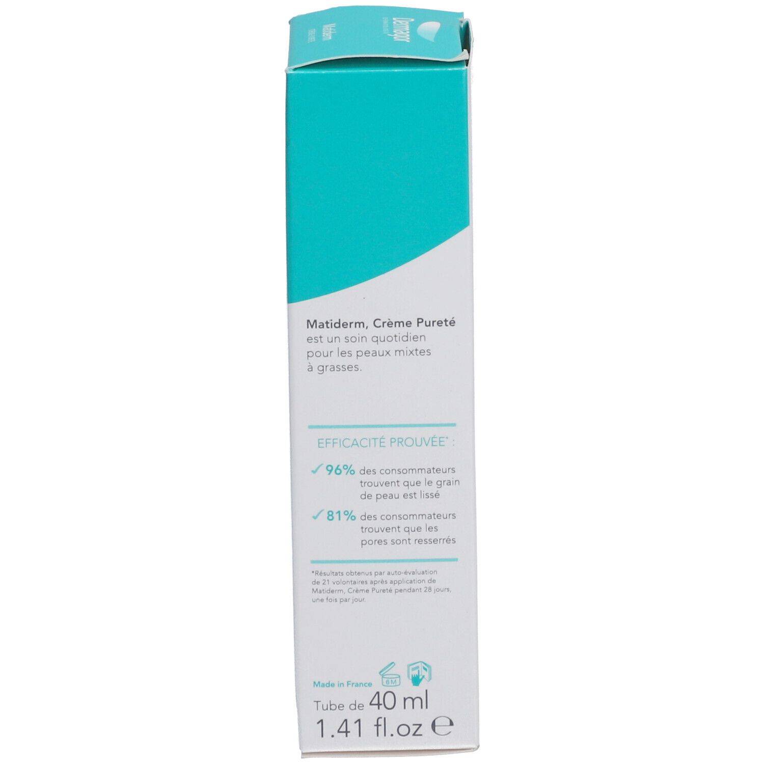 Côté de l'emballage du produit. Texte en français. Informations sur l'efficacité et détails de production. Volume 40 ml.