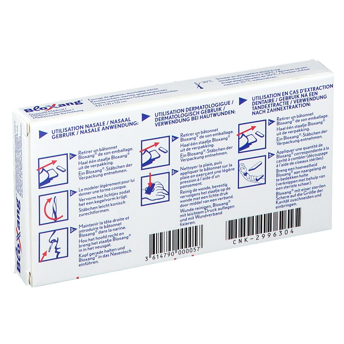 Achterkant Bloxang-verpakking. Illustraties voor neus- en tandvleesgebruik. Streepjescode en CNK-nummer.
