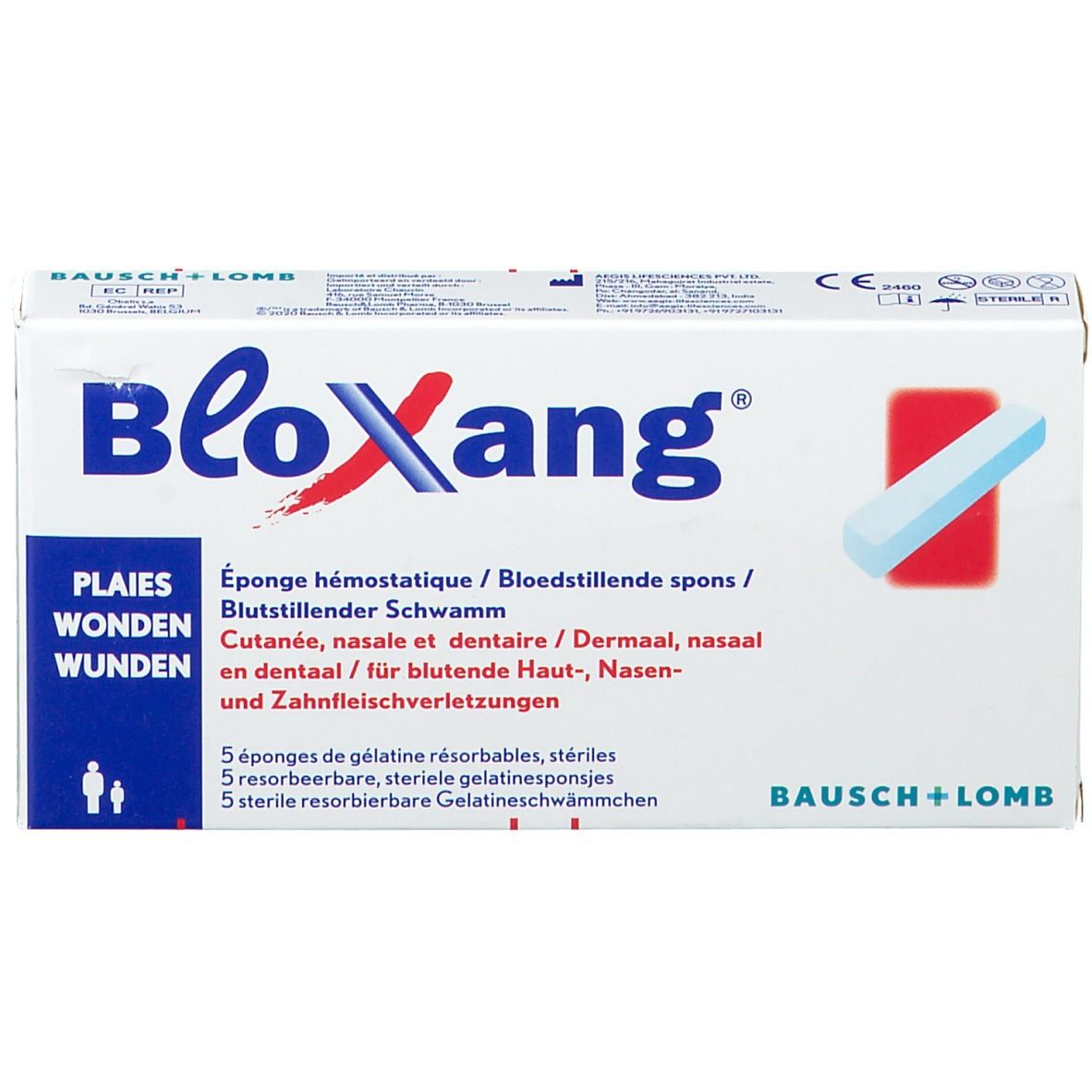 Bloxang-verpakking. Opschrift: Bloxang, Bausch + Lomb. Bevat 5 steriele, resorbeerbare gelatine-sponzen. Rood rechthoek met spons.
