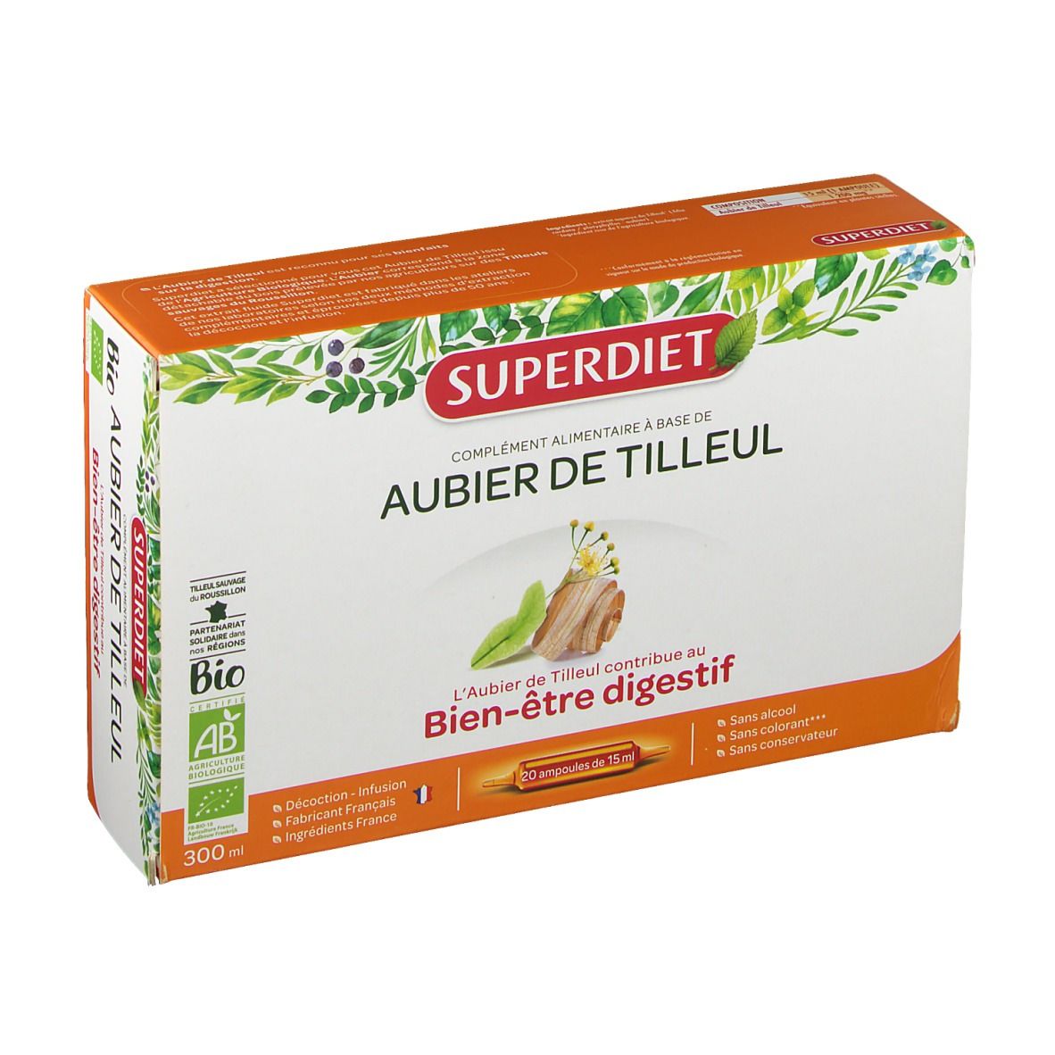 Superdiet Aubier de Tilleul verpakking met 20 ampullen. Oranje-witte doos met productinformatie.