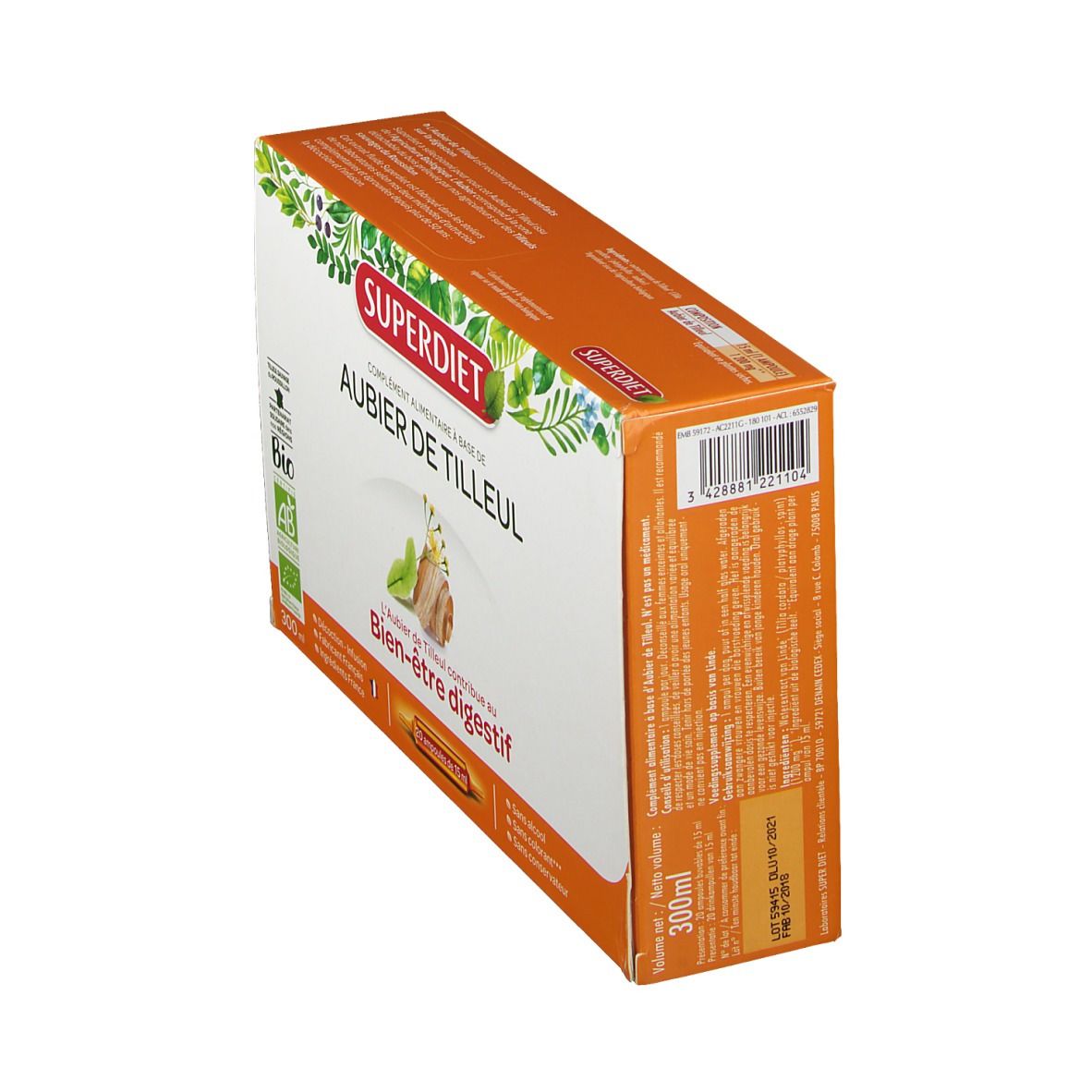 Schuine weergave van de Superdiet Aubier de Tilleul verpakking. Oranje-witte doos met productinformatie.