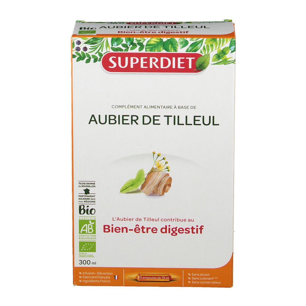 Superdiet Aubier de Tilleul verpakking. Witte doos met productnaam, bio-label en tekst.