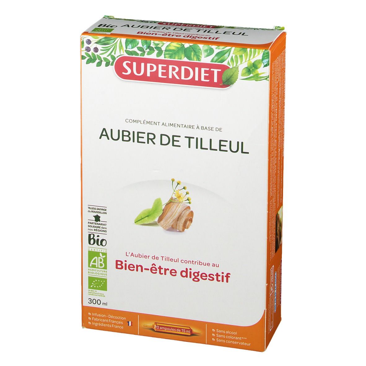 Superdiet Aubier de Tilleul verpakking. Witte doos met productnaam, bio-label en tekst.