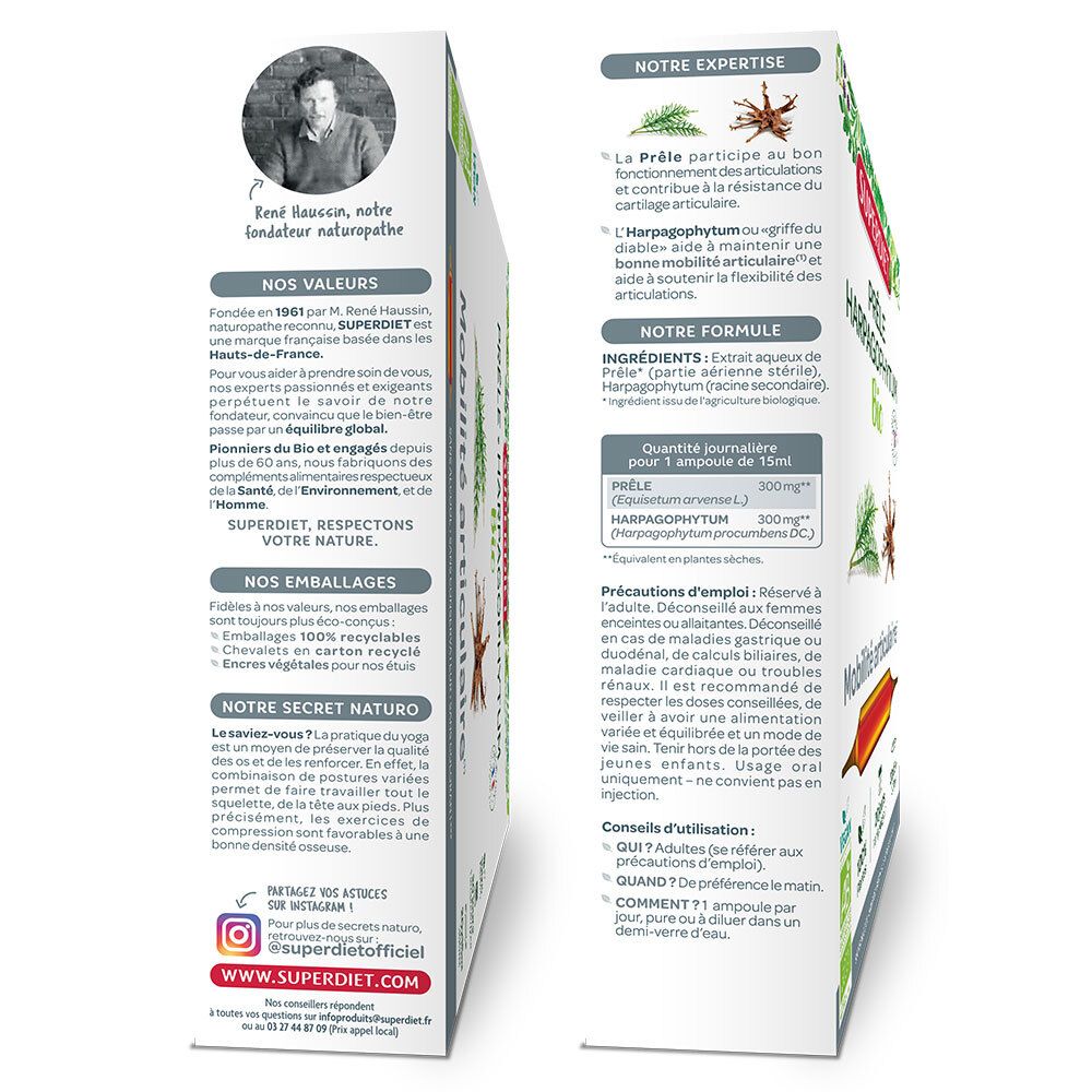 Boîte Super Diet Duivelsklauw Bio Articulations. 20 ampoules, certification Bio.