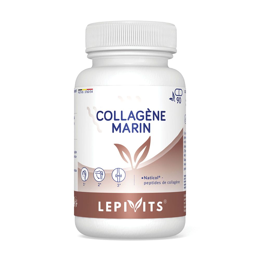 Witte fles met capsules. Opschrift: Collagène Marin, LEPIVITS. Met 90 capsules. Naticol collageenpeptiden.